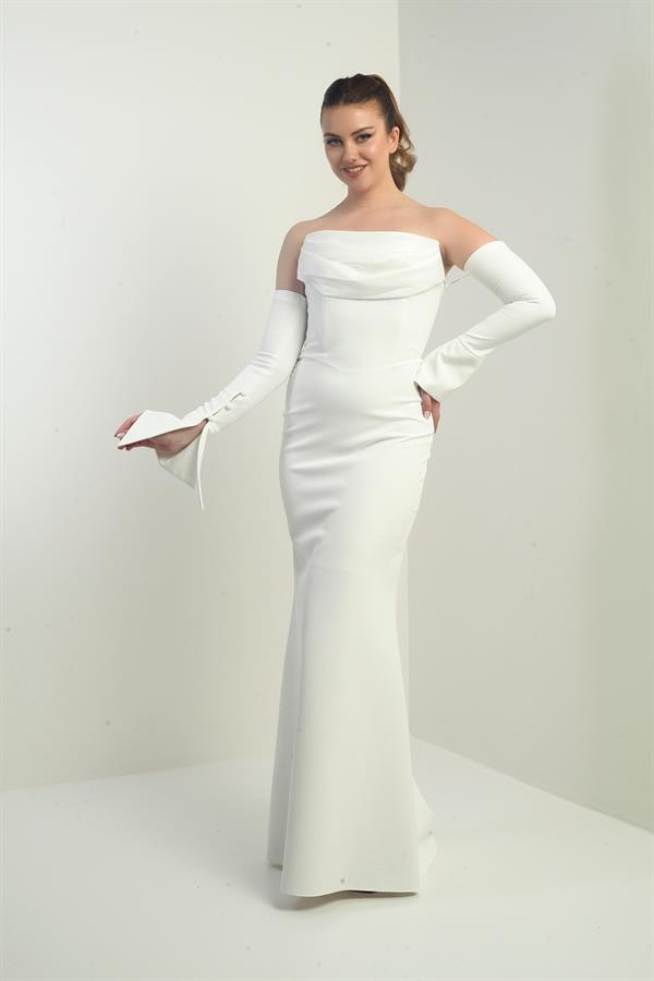 Kadın Straplez Takma Kollu Telalı Astarlı Krep Uzun Abiye Elbise