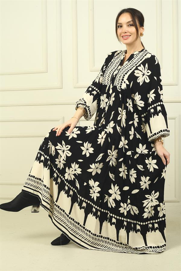 Women's Half-Front Floral Patterned Ruffled Oversize Long Dress