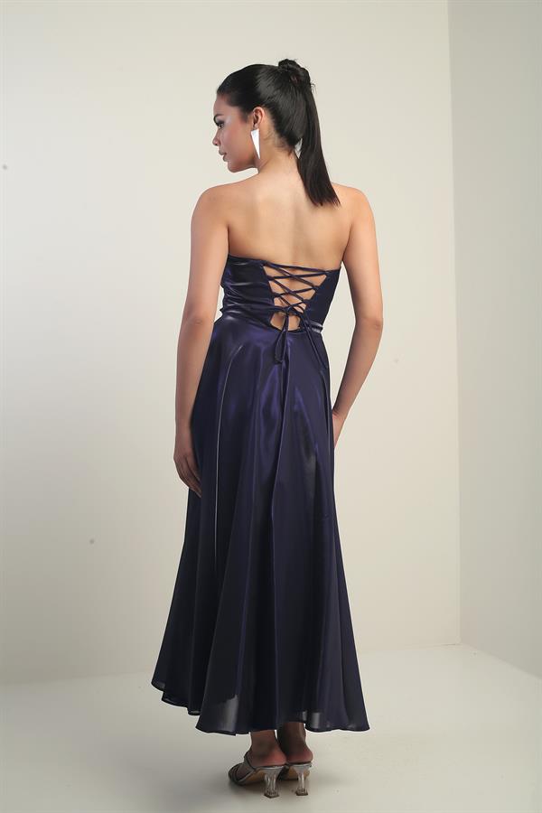 Kadın Degaje Straplez Yaka Astarlı Organze Saten Midi Elbise