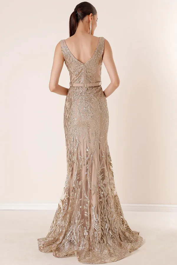 V-Neck Lined Glittery Flock Print Long Dress