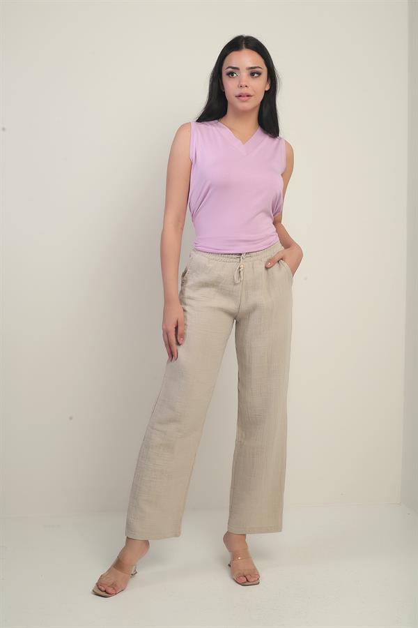 Women's Muslin Palazzo Pants with Elastic Waist and Pockets