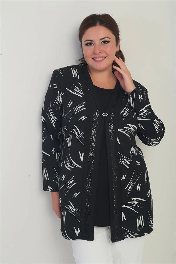 Ensemble 2 pièces pour femme, composé d'un chemisier sans manches en lycra avec détail rayé en PU sur le devant et d'une veste en crêpe à motifs, grandes tailles.