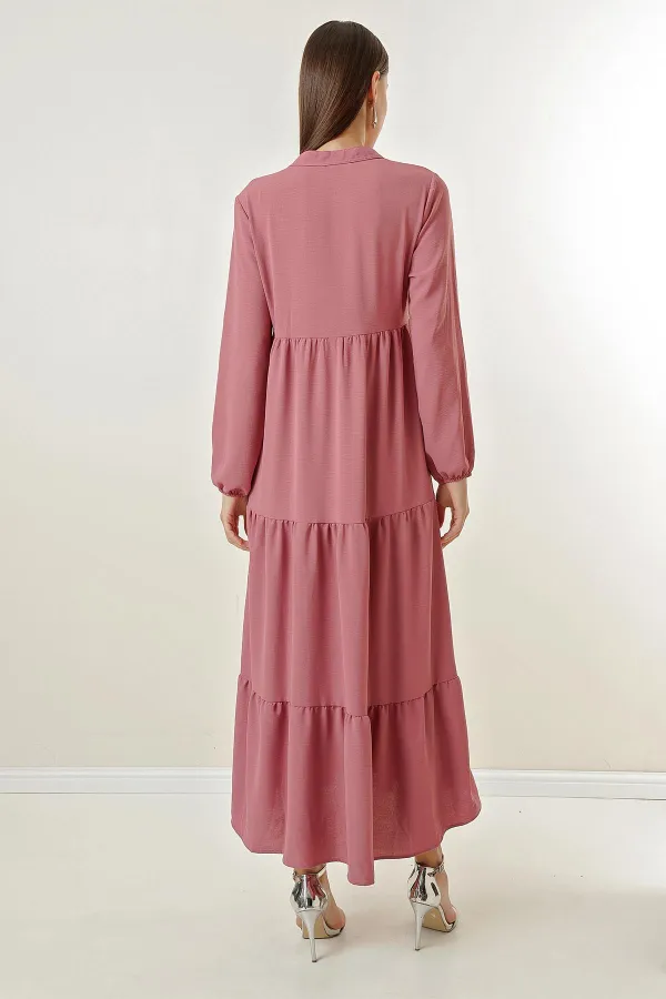 Yaka Bağcıklı Uzun Tesettür Elbise