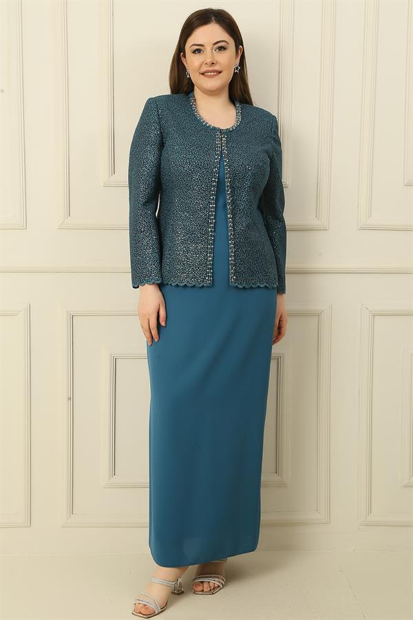 Robe longue en crêpe avec col et doublure ornés, veste à sequins, ensemble 2 pièces grande taille