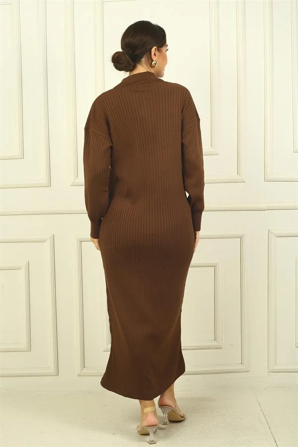 Round Neck, Zip-Up Long Sleeve Knitted Dress