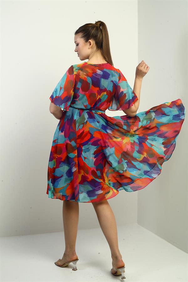 Women's Wrap Neckline Lined Chiffon Rainbow Dress with Belt
