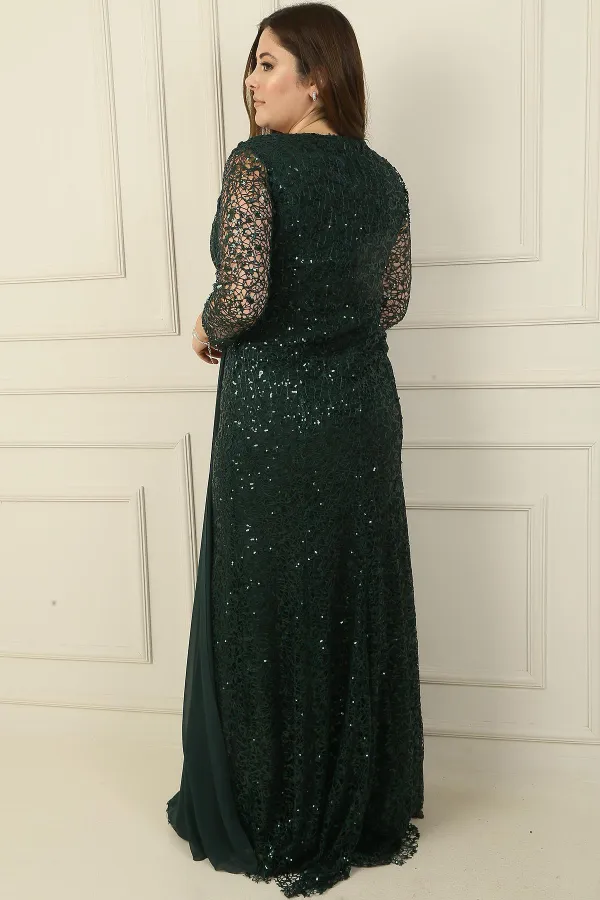 V Yaka File Kumaş Üstü Şifon B.Beden Elbise