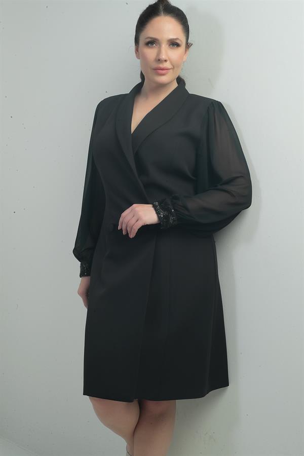 Robe portefeuille pour femme, manches en mousseline et détails perlés, doublée, grandes tailles.