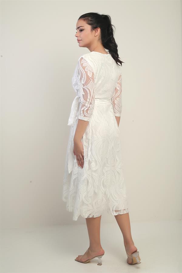 Kruvaze Yaka Astarlı Anvelop Dantel Elbise