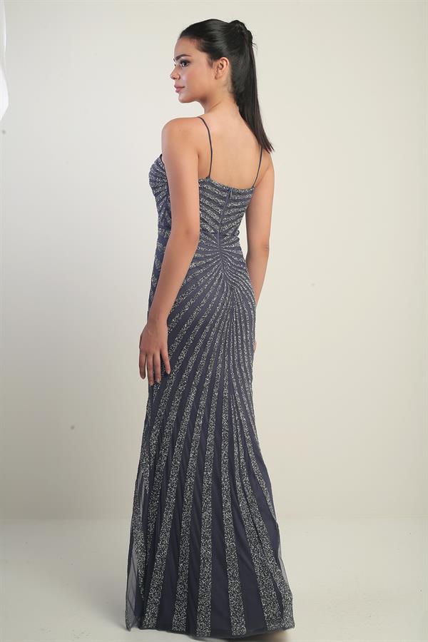 Women's Strappy Flocked Stone Print Lined Tulle Long Dress