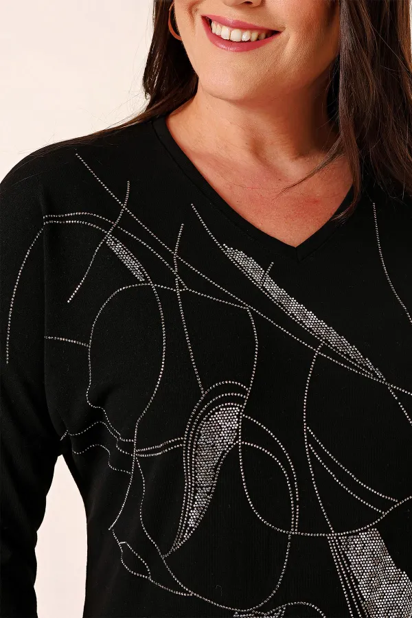 V-Neck Stone Printed Batwing Sleeve Plus Size Strawberry Blouse