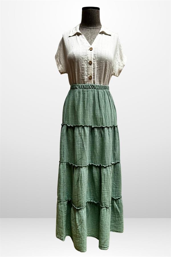 Women's Layered Muslin Long Skirt with Elastic Waist