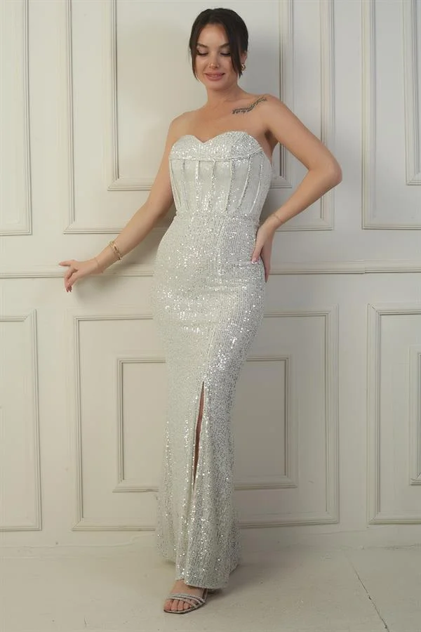 Robe longue à sequins fendue, doublée, sans bretelles, à armatures et laçage au dos