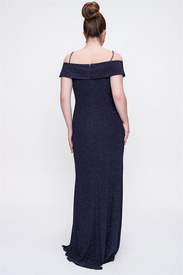 Taşlı İp Askılı Önü Yırtmaçlı Astarlı Büyük Beden Uzun Elbise