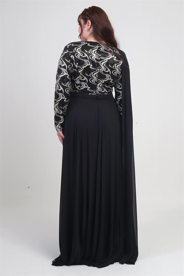 Kadın Kruvaze Yaka Görünümlü Pullu Astarlı Şifon Uzun B.B. Elbise