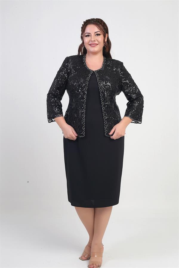 Women's Sequin Embellished Beaded Tulle Jacket, Half-Moon Sleeve Short Dress, Lined Crepe, Plus Size 2-Piece Set