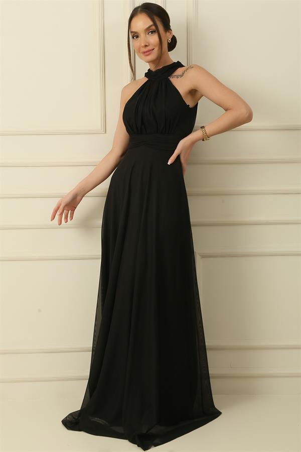 Boyundan Bağlamalı Astarlı Uzun Tül Elbise