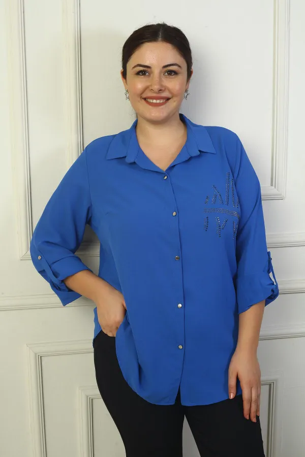 Kadın Kol Katlamalı Taş Detaylı Krep Saten Büyük Beden Gömlek