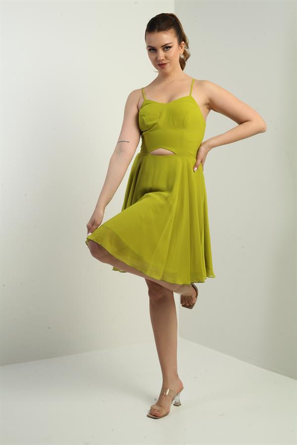 Women's Strappy, Back-Tie, Front-Opening, Lined Chiffon Short Flared Dress