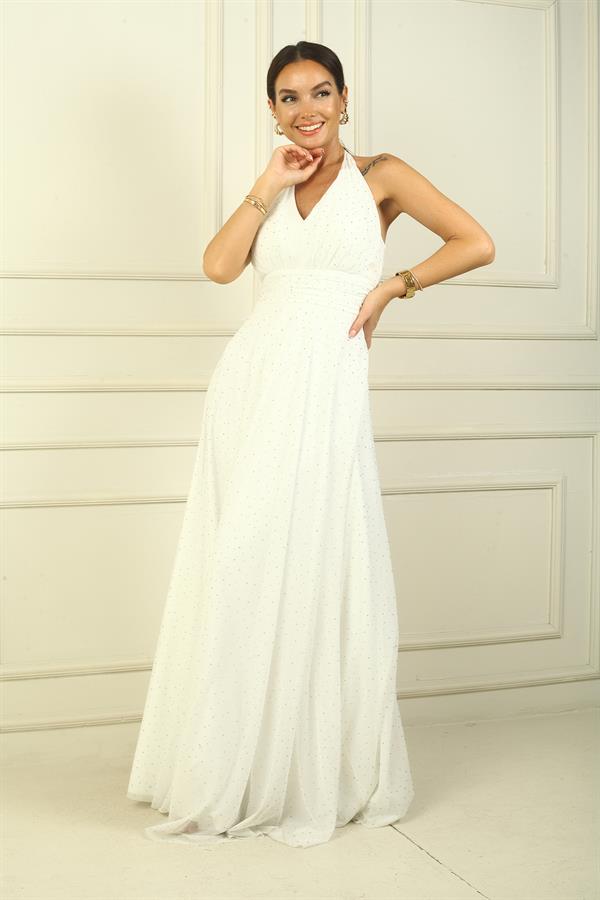 Kadın Boyundan Bağlamalı Taş Baskılı Astarlı Uzun Tül Elbise