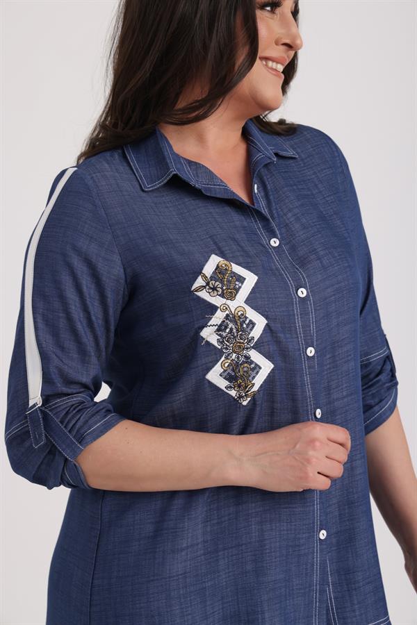 Women's Plus Size Lyocell Shirt with Embroidered Appliqué Front and D-Buckle