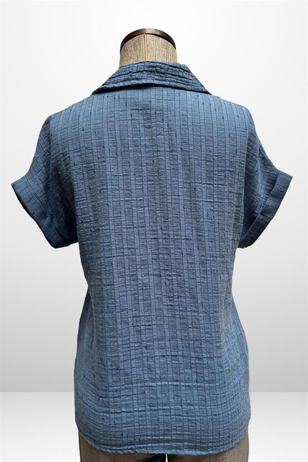 Kadın Polo Yaka Kendinden Desenli Keten Gömlek