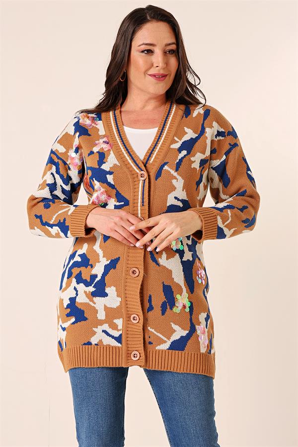 Oversize Kamuflaj Pullu Uzun Triko Hırka