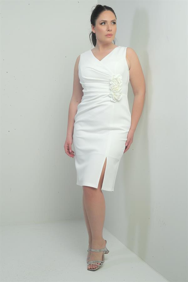 Kadın Ön Arka V Yaka Kendinden Telalı 3 Boyut Çiçek Detaylı Büyük Beden Midi Elbise