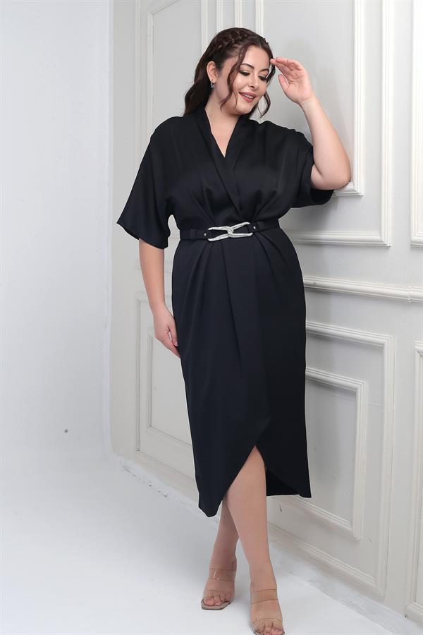 Women's Wrap Neck Short Batwing Sleeve Double Pleated Crepe Satin Plus Size Midi Designer Dress