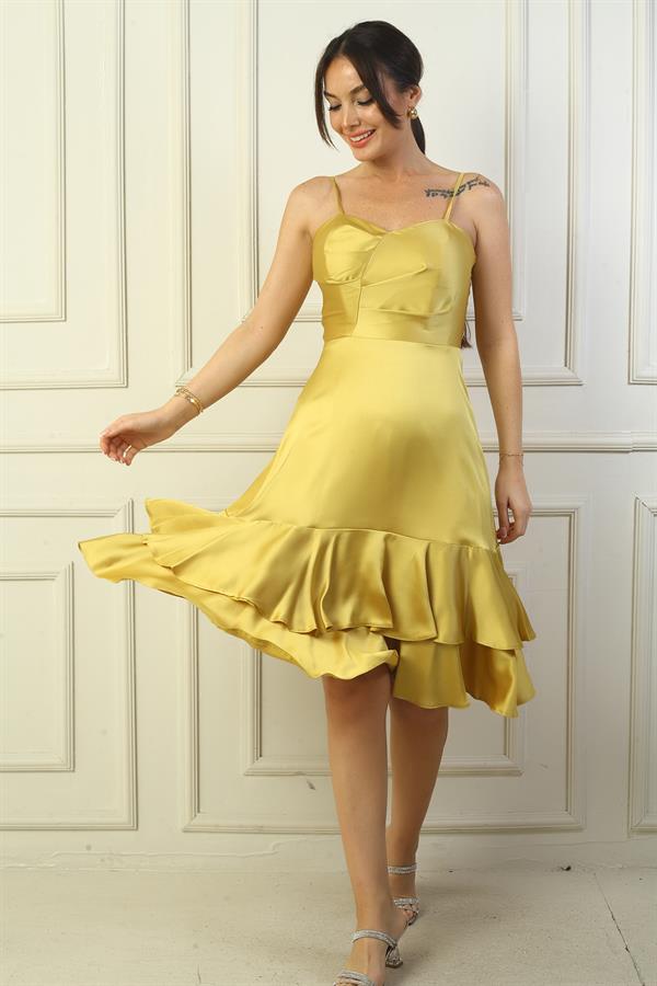 Jupe à bretelles pour femme, doublée et drapée, avec double volant en satin