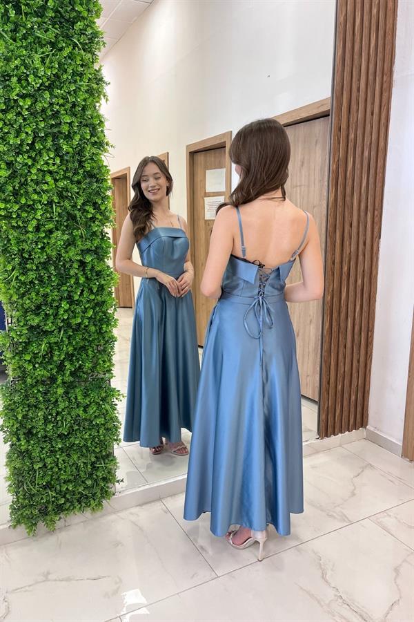 Kadın İnce Askılı Astarlı Cepli Midi Saten Elbise