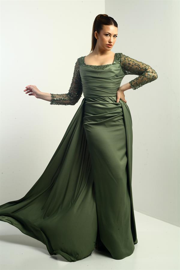 Women's Square Neck, Lined, Beaded Sleeve, Wide-Sized Crepe Satin Long Evening Dress