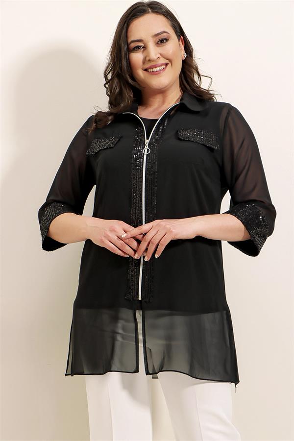 Chemise oversize en mousseline sans manches à fermeture éclair et détails pailletés