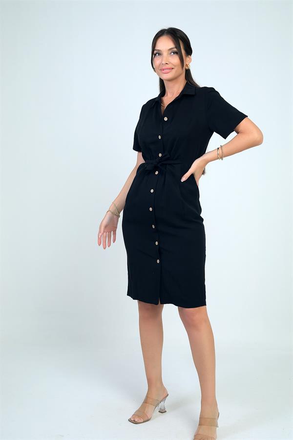 Robe courte en lyocell doublée, doublée, avec poche à nouer sur le devant et boutons sur le devant, pour femme