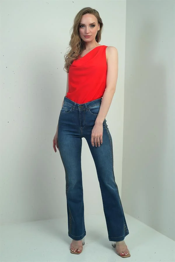 Kadın Yanı Şerit Taş Detaylı İspanyol Paça Likralı Kot Pantolon