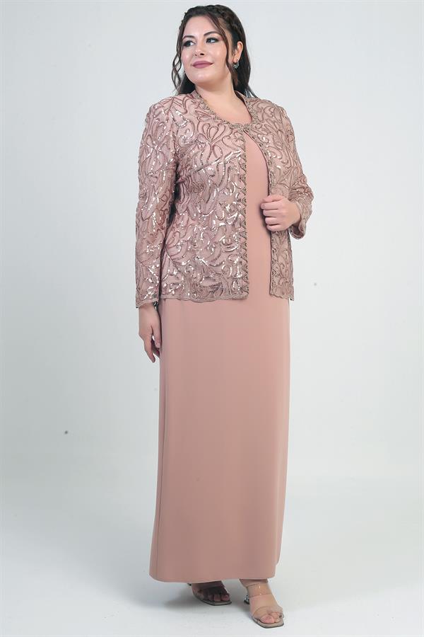 Ensemble 2 pièces pour femme, comprenant une veste en tulle ornée de sequins et de perles, une robe longue à manches demi-lune en crêpe doublée et un pantalon grande taille.