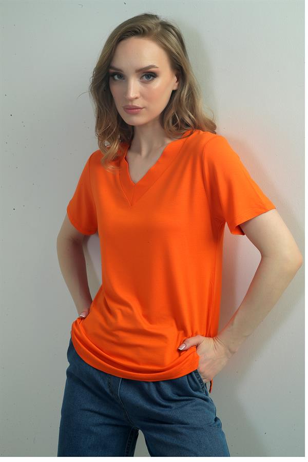 Women's V-Neck Short-Sleeve Blouse with Slit