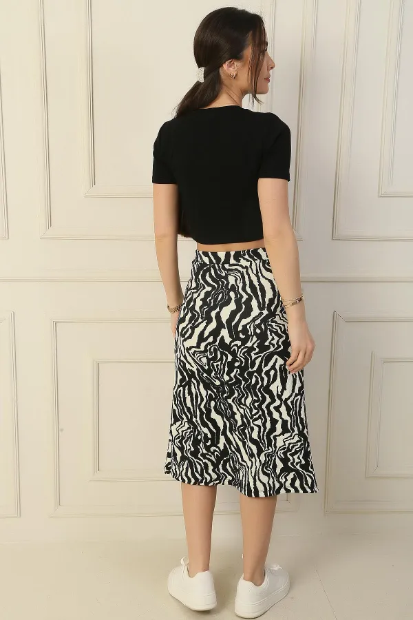 Jupe longue en seersucker à taille élastique et motif zèbre avec fente sur le devant