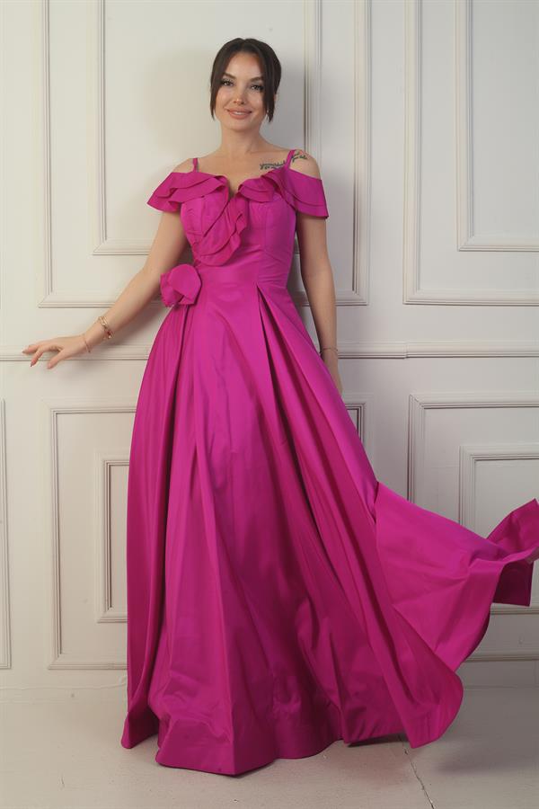 Women's Strappy Boat Neck Long Taffeta Evening Dress with Rose Detail, Lined, and Pockets