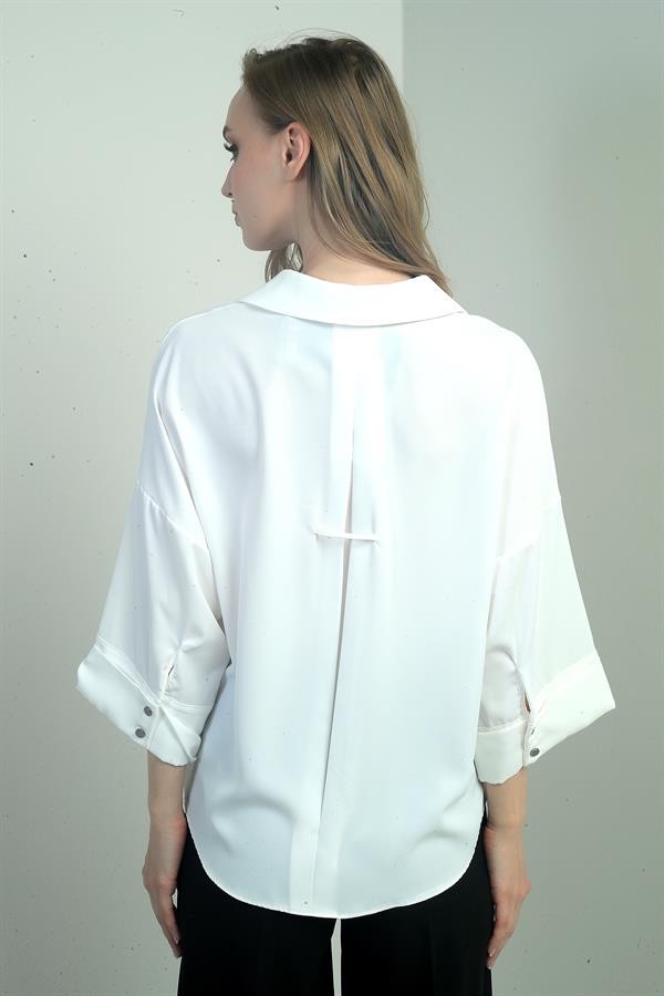 Kadın Polo Yaka Yarım Duble Kollu Arkası Körüklü Krep Saten Bluz