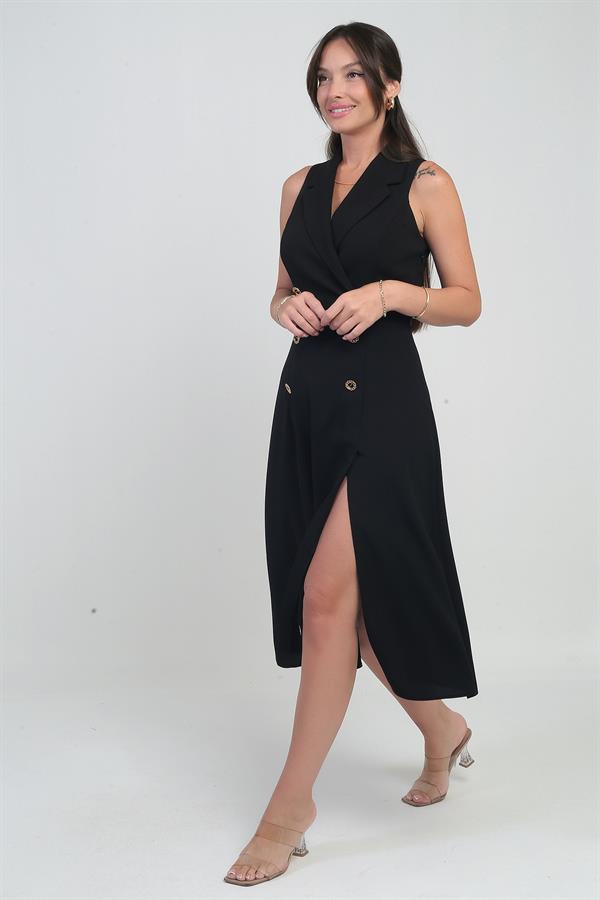 Kadın Kruvaze Yaka Astarlı Çift Yırtmaçlı Düğme Detaylı Midi Krep Elbise