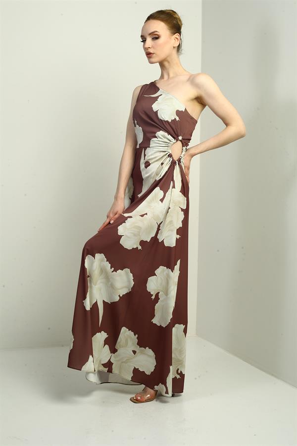 Kadın Tek Omuz Yandan Pencereli Büyük Yaprak Desenli Uzun Krep Saten Elbise