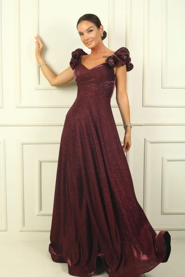 Düşük Volan Kol Drapeli Astarlı Simli Uzun Elbise