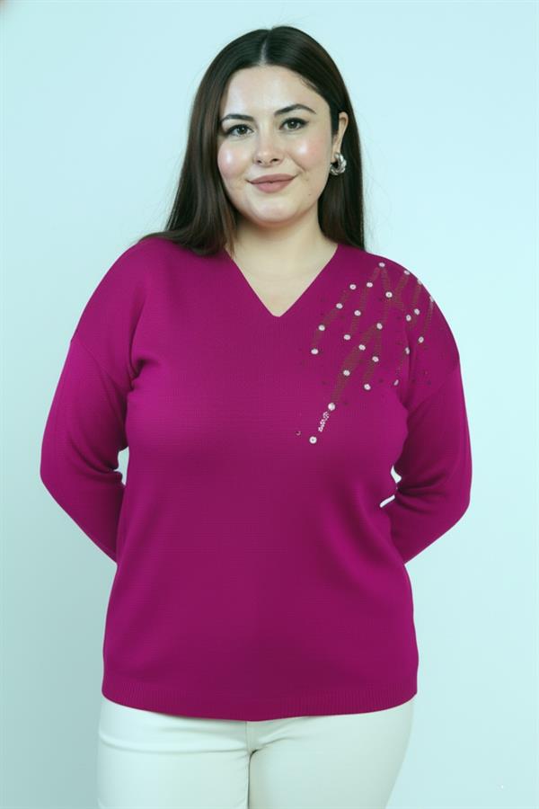 Chemisier en maille à pierres, col en V, grandes tailles pour femme