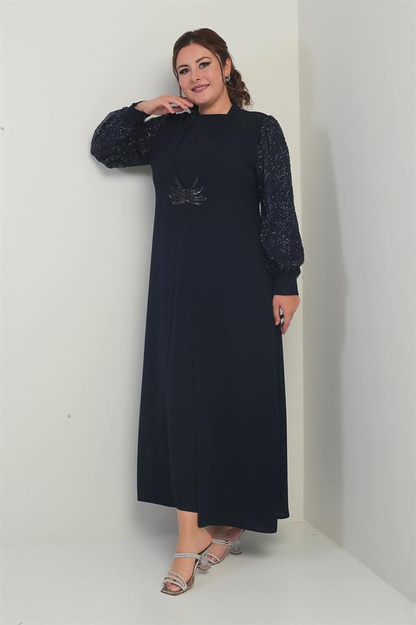 Kadın Kolu Ve Önü Pullu Büyük Beden Uzun Tesettür Elbise