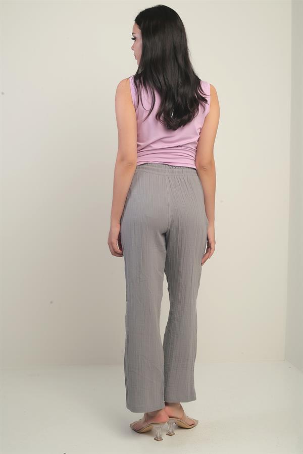 Pantalon palazzo en mousseline pour femme, avec taille élastique et poches