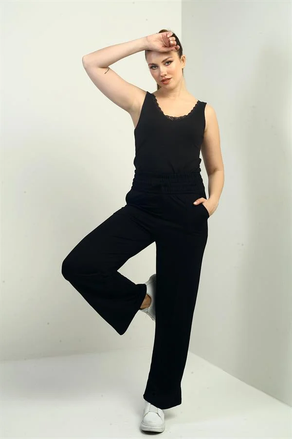 Pantalon palazzo pour femme avec taille élastique épaisse et poches