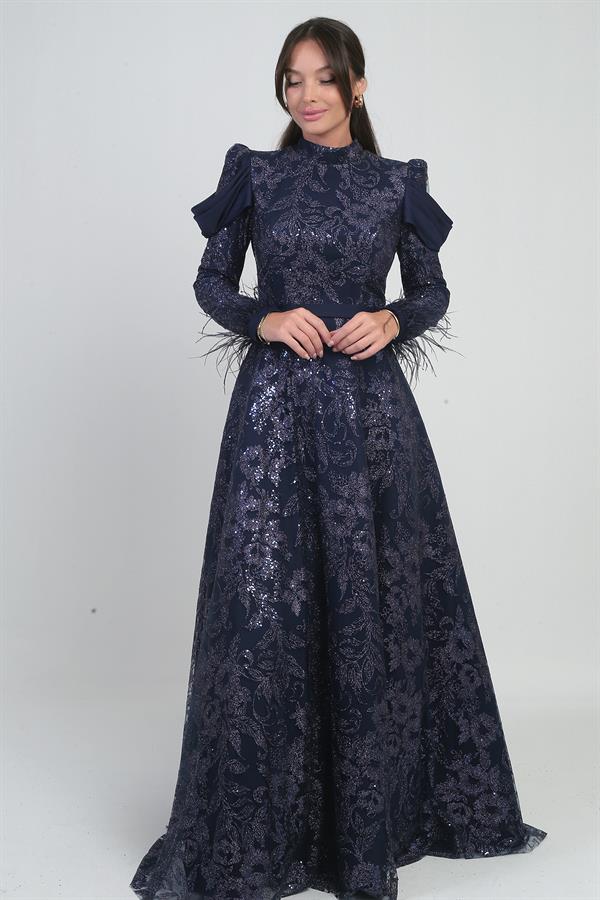 Kadın Kol ucu Tüylü Boncuk Sim Detaylı Astarlı Uzun Elbise