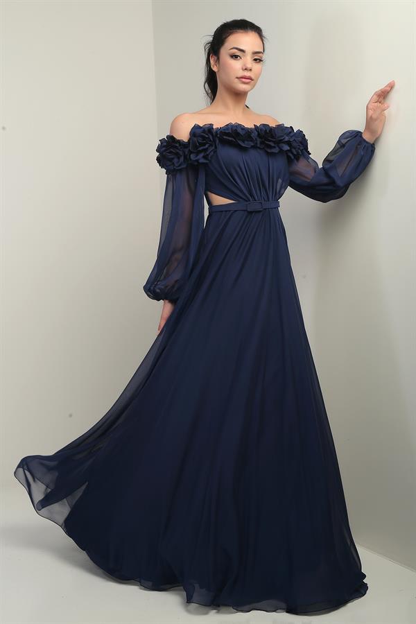 Women's Floral Madonna Neckline Belted Lined Chiffon Long Dress