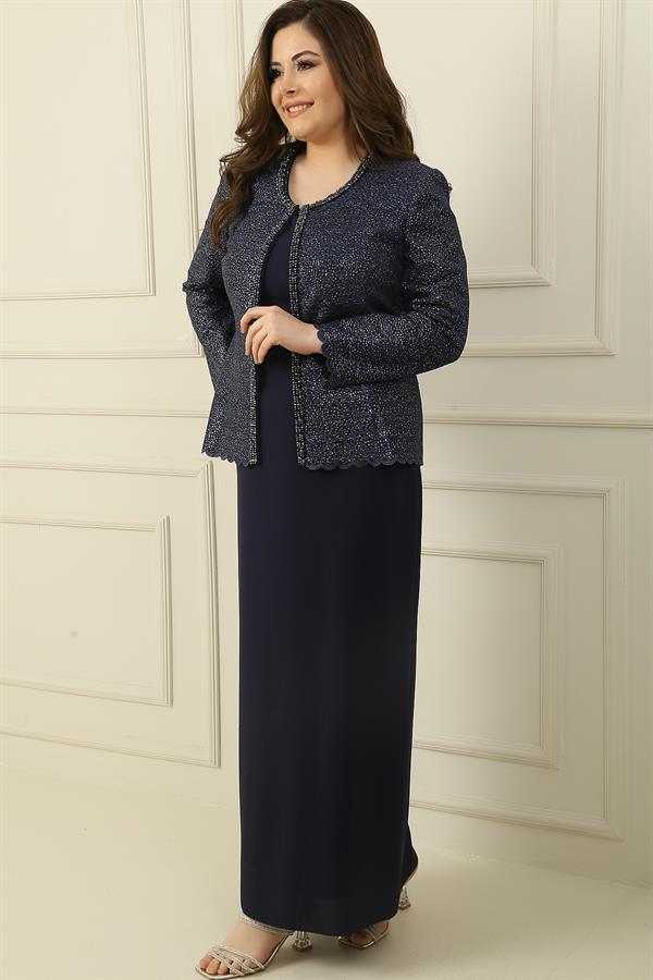 Robe longue en crêpe avec col et doublure ornés, veste à sequins, ensemble 2 pièces grande taille